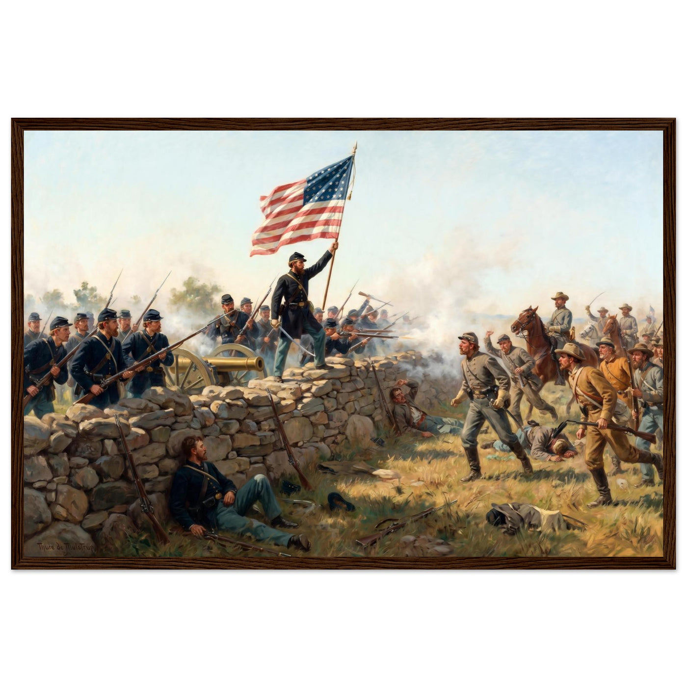 Framed art print of a Union soldier raising the Stars and Stripes amid the smoke of battle, in a solid wood frame.