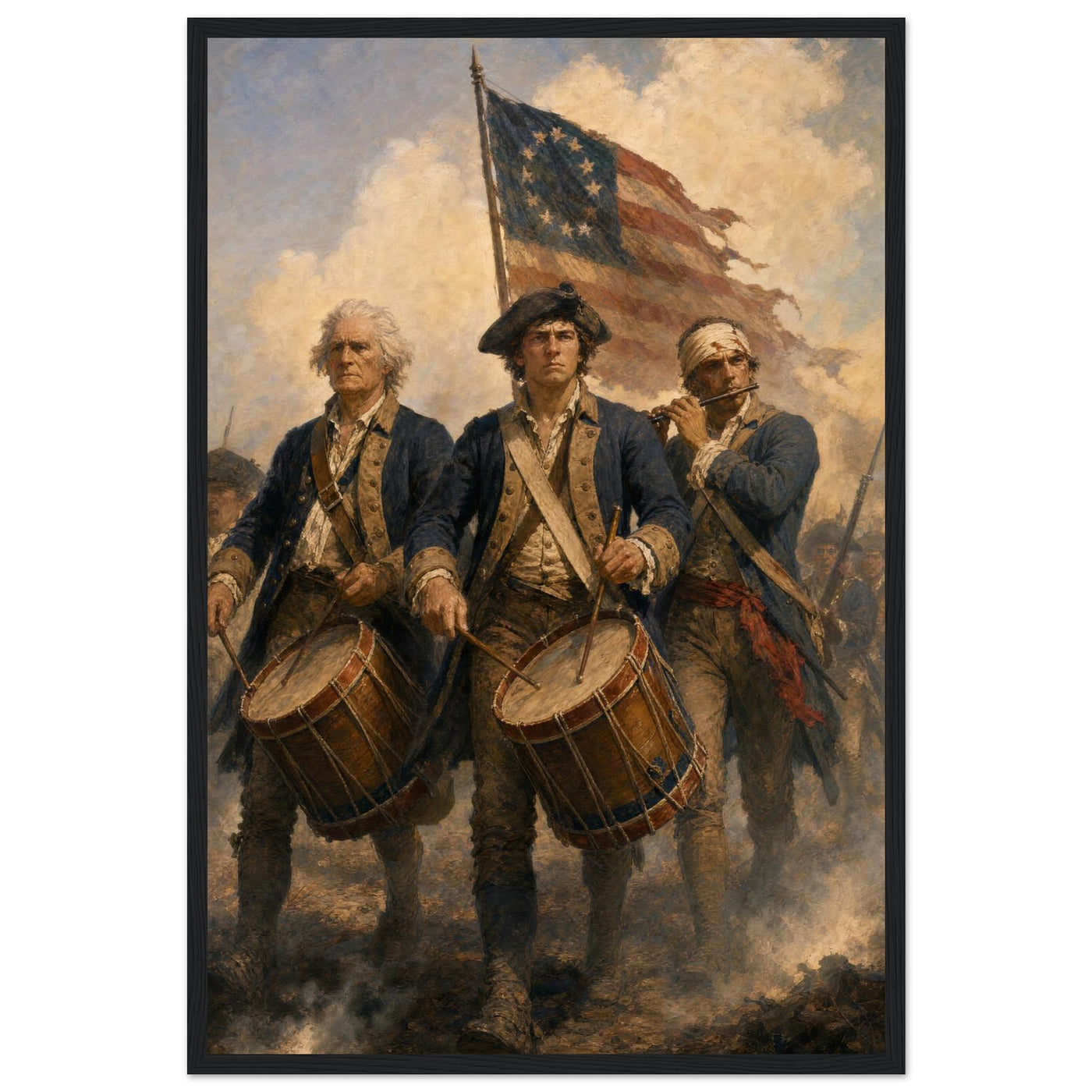 Framed print of 'The Spirit of '76' fife and drum, ready to hang.