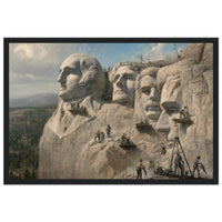 Framed panoramic art print of workers carving the presidential faces of Mount Rushmore, in a solid wood frame.