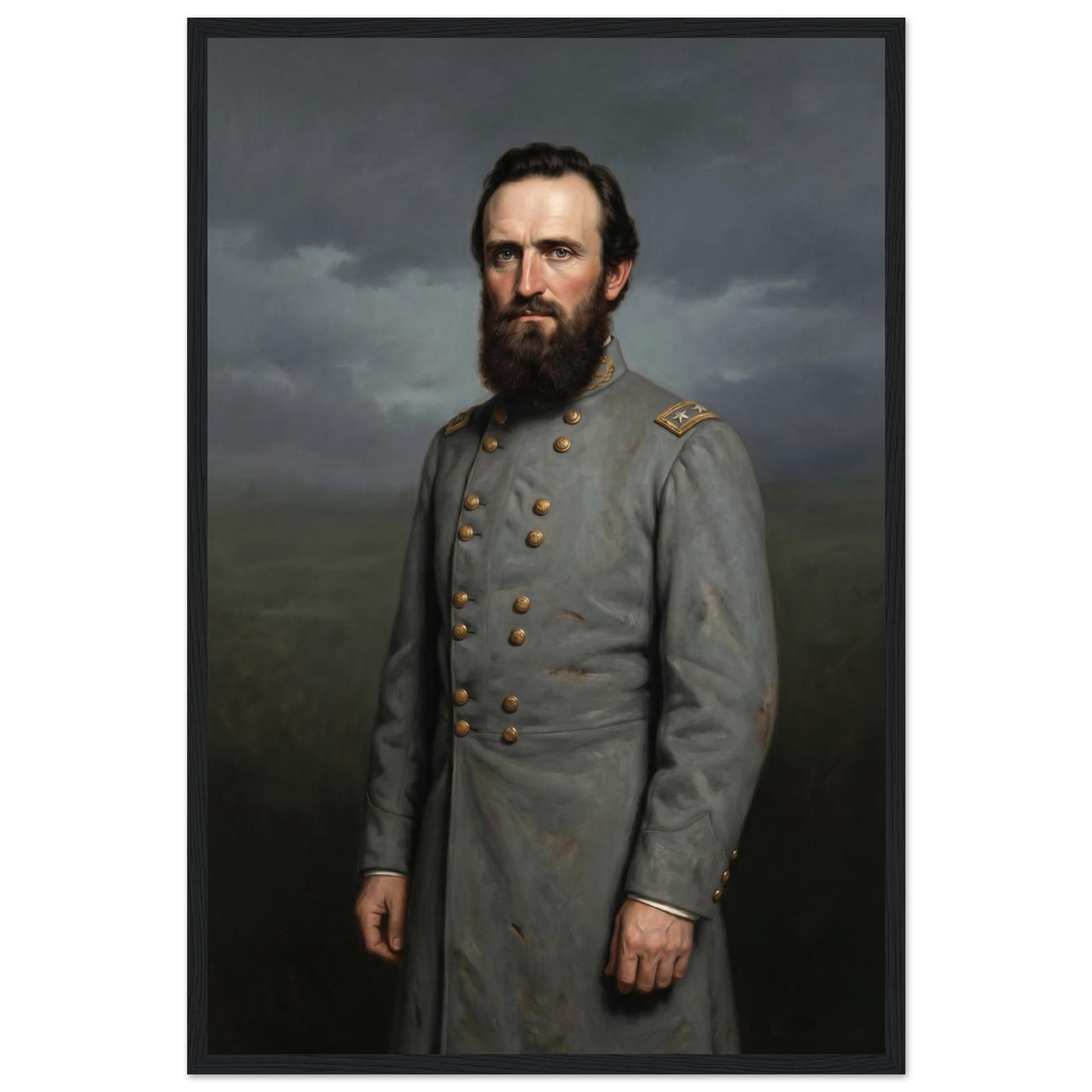 Framed portrait painting of a bearded Confederate general in gray uniform, in a solid wood frame.