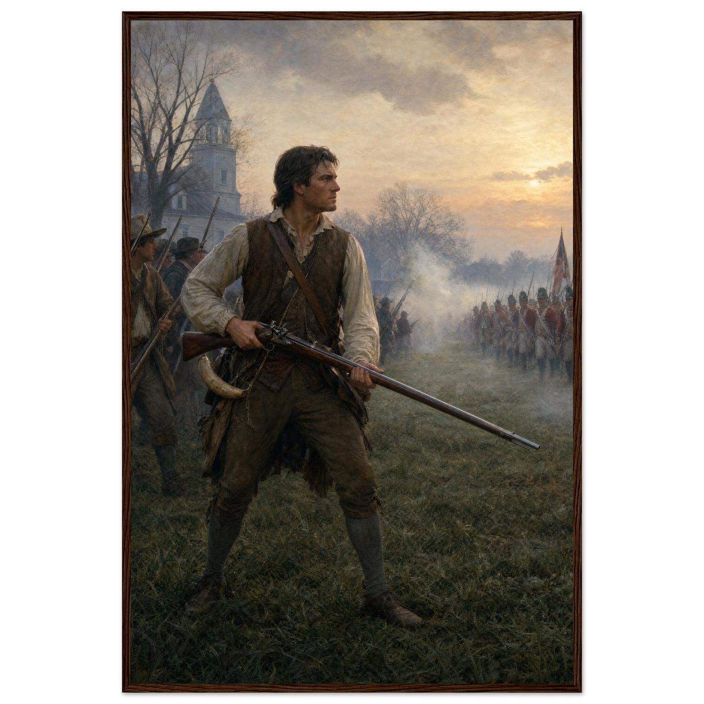 Framed print of a minuteman at the dawn of the Revolution, ready to hang.