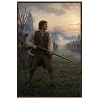 Framed print of a minuteman at the dawn of the Revolution, ready to hang.