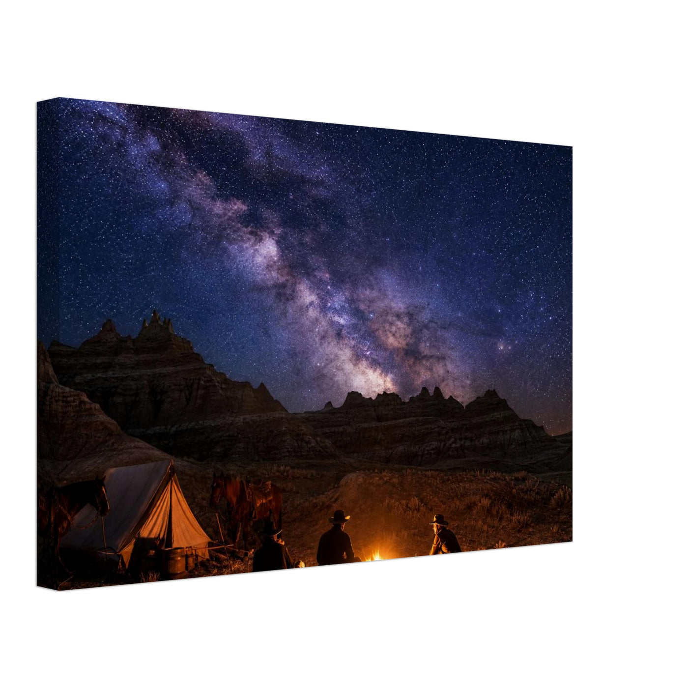 Canvas print of a campfire beneath the Milky Way — room view, ready to hang.