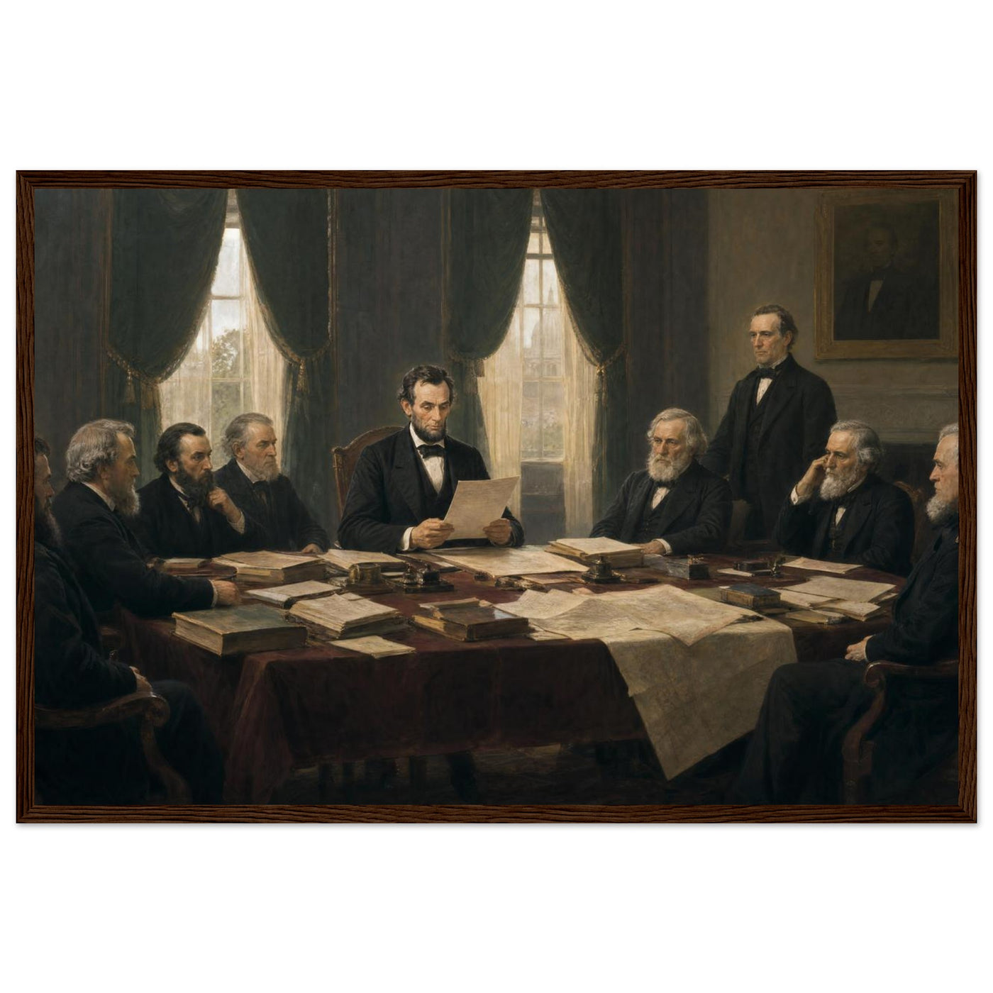 Framed historical painting of President Lincoln seated with his cabinet around a table, in a solid wood frame.