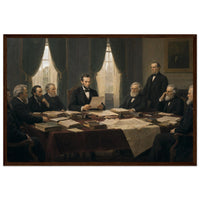 Framed historical painting of President Lincoln seated with his cabinet around a table, in a solid wood frame.