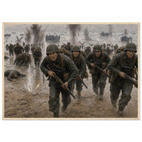Up Omaha Beach — framed fine art print of soldiers wading ashore under fire on D-Day, 12x18″ in a natural wood frame