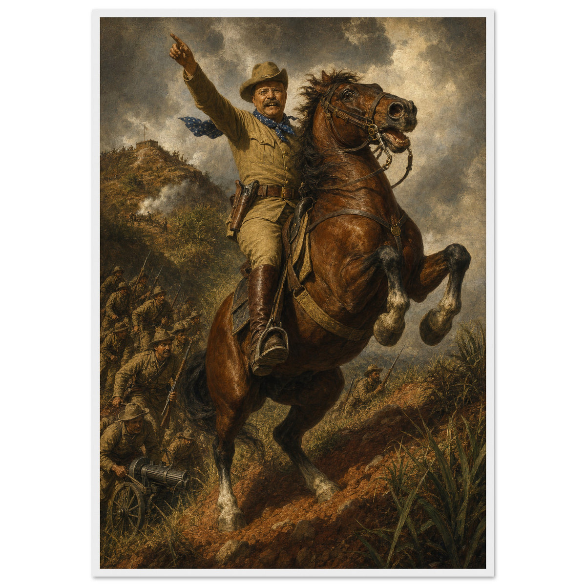 Up San Juan Hill — framed fine art print of Theodore Roosevelt on a rearing bay horse pointing uphill, troopers climbing behind him, in a white frame