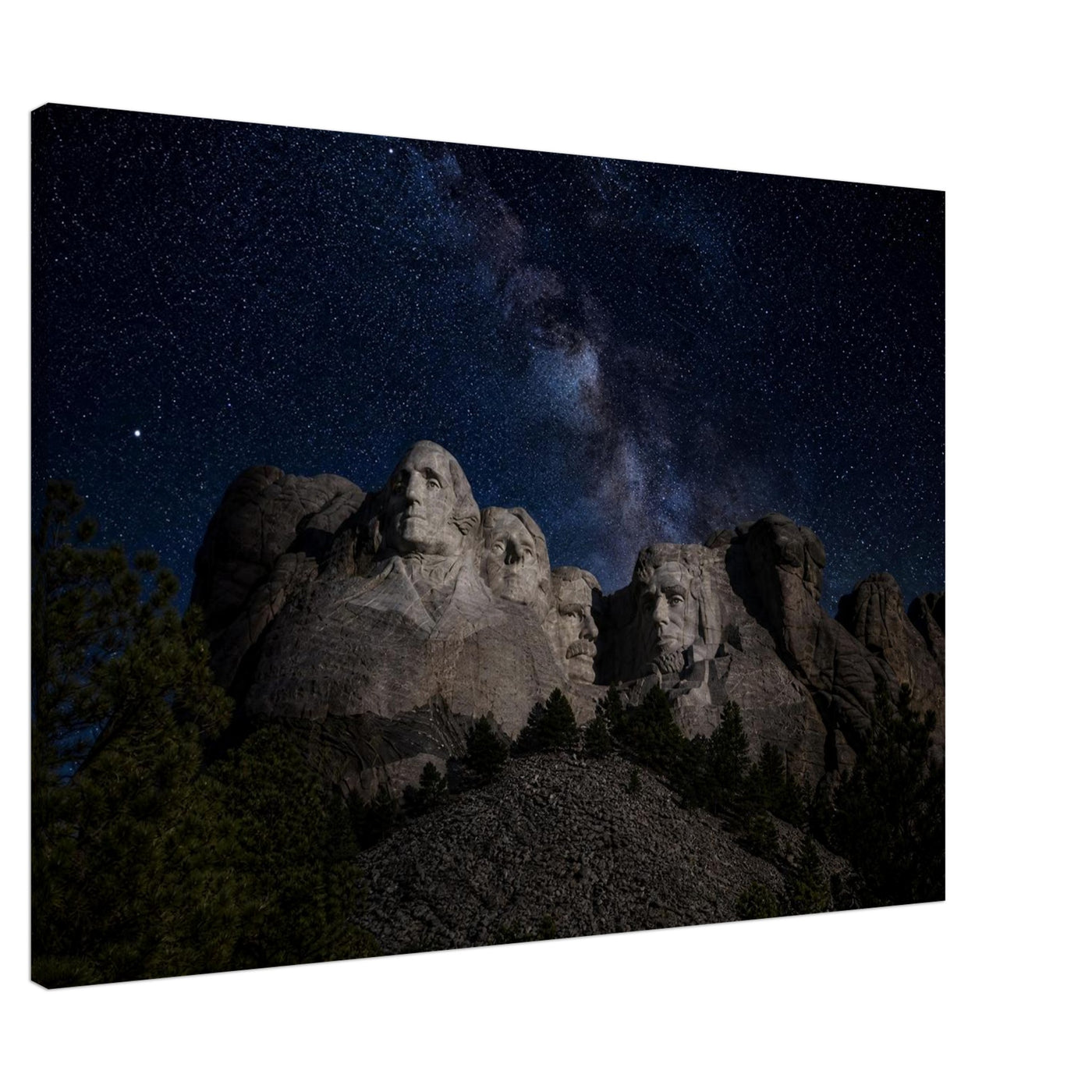 Canvas print of Mount Rushmore under the Milky Way — room view, ready to hang.