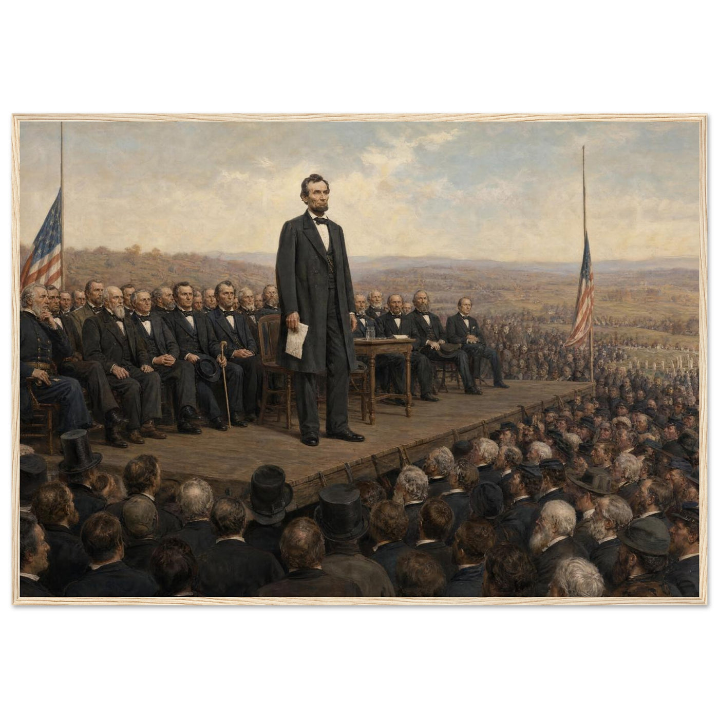 Framed art print of President Lincoln addressing the crowd at Gettysburg from a draped platform, in a solid wood frame.