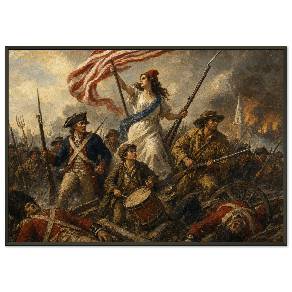 Liberty Leads the Line — framed fine art print of Liberty in a red cap carrying the flag over a battlefield with a drummer boy at her feet, in a black frame