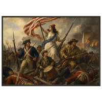 Liberty Leads the Line — framed fine art print of Liberty in a red cap carrying the flag over a battlefield with a drummer boy at her feet, in a black frame