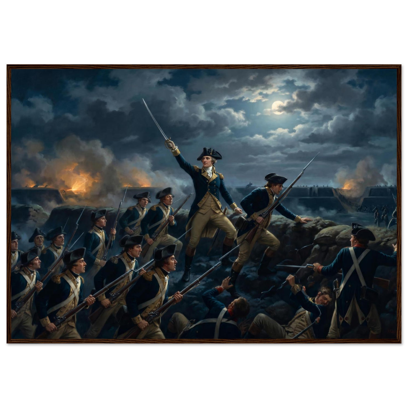 Framed print of the night storming of the redoubt at Yorktown, ready to hang.