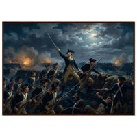 Framed print of the night storming of the redoubt at Yorktown, ready to hang.