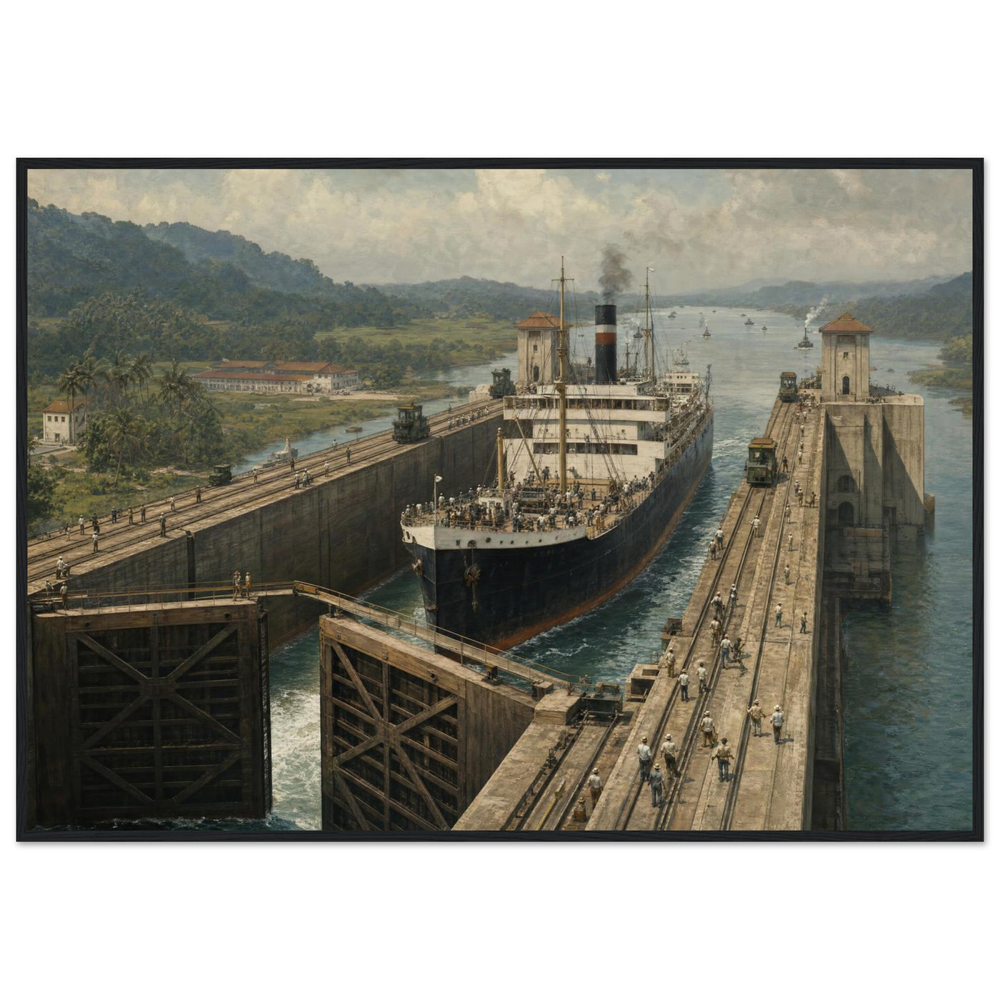 Wooden framed print of the Panama Canal — room view, ready to hang.