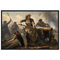 Framed art print of a woman standing defiantly at a cannon amid fallen soldiers on the battlefield, in a solid wood frame.