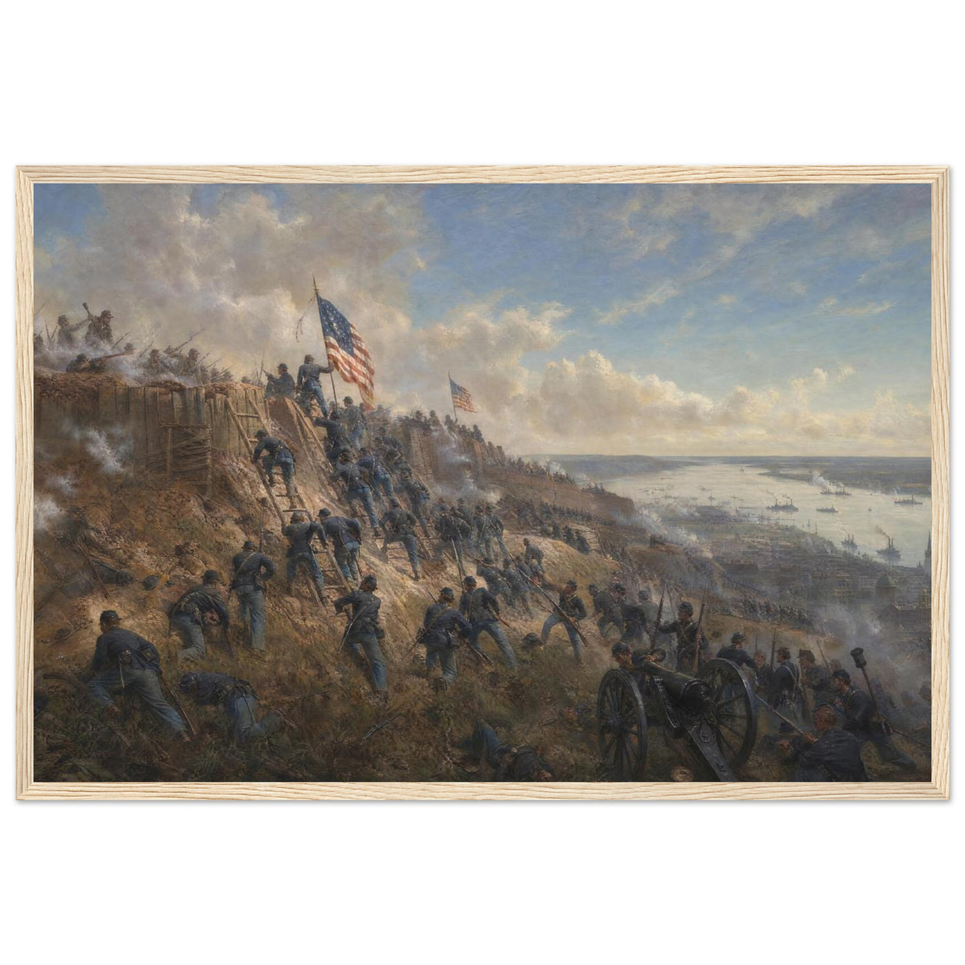 Wooden framed print of the storming of Vicksburg — room view, ready to hang.