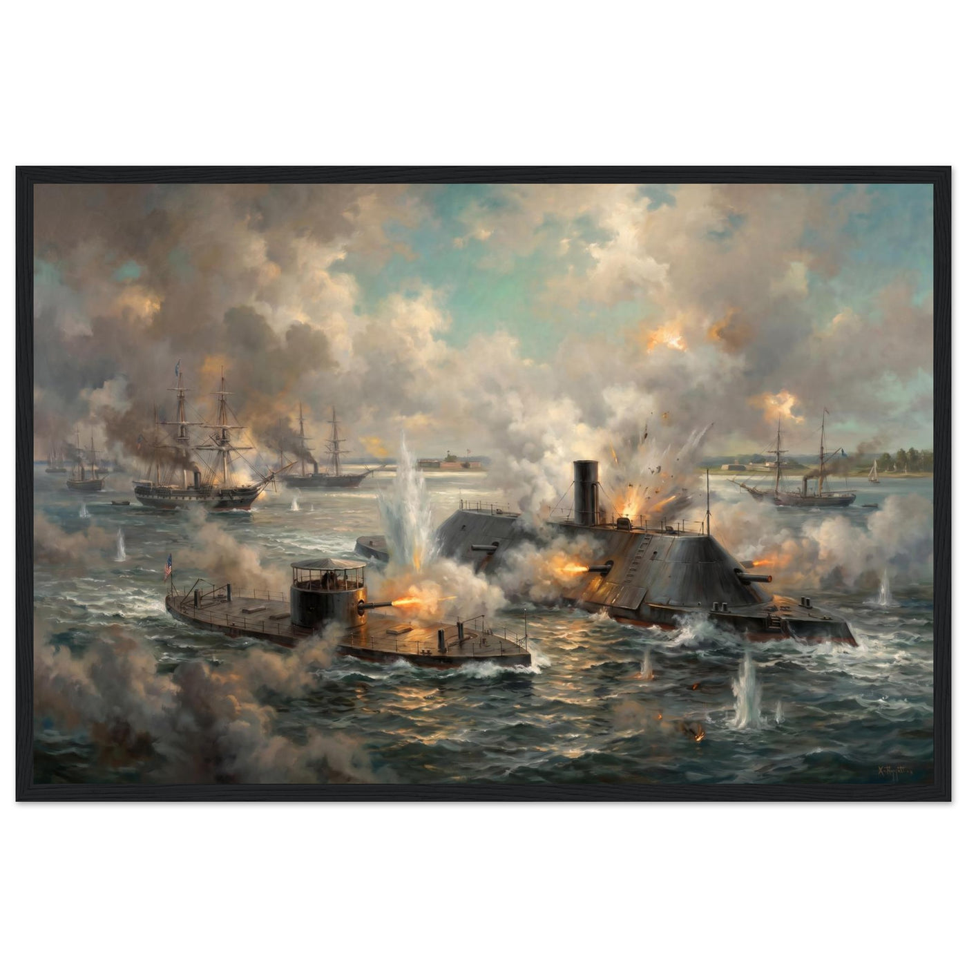 Wooden framed print of the Monitor and Virginia — room view, ready to hang.