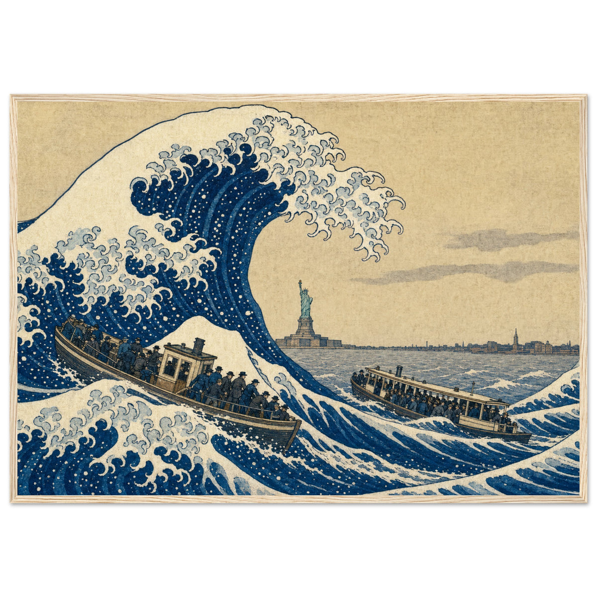 The Great Wave off Manhattan — framed fine art print of a towering blue wave over two crowded harbor ferries with the Statue of Liberty small beyond, in a natural wood frame