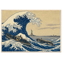 The Great Wave off Manhattan — framed fine art print of a towering blue wave over two crowded harbor ferries with the Statue of Liberty small beyond, in a natural wood frame