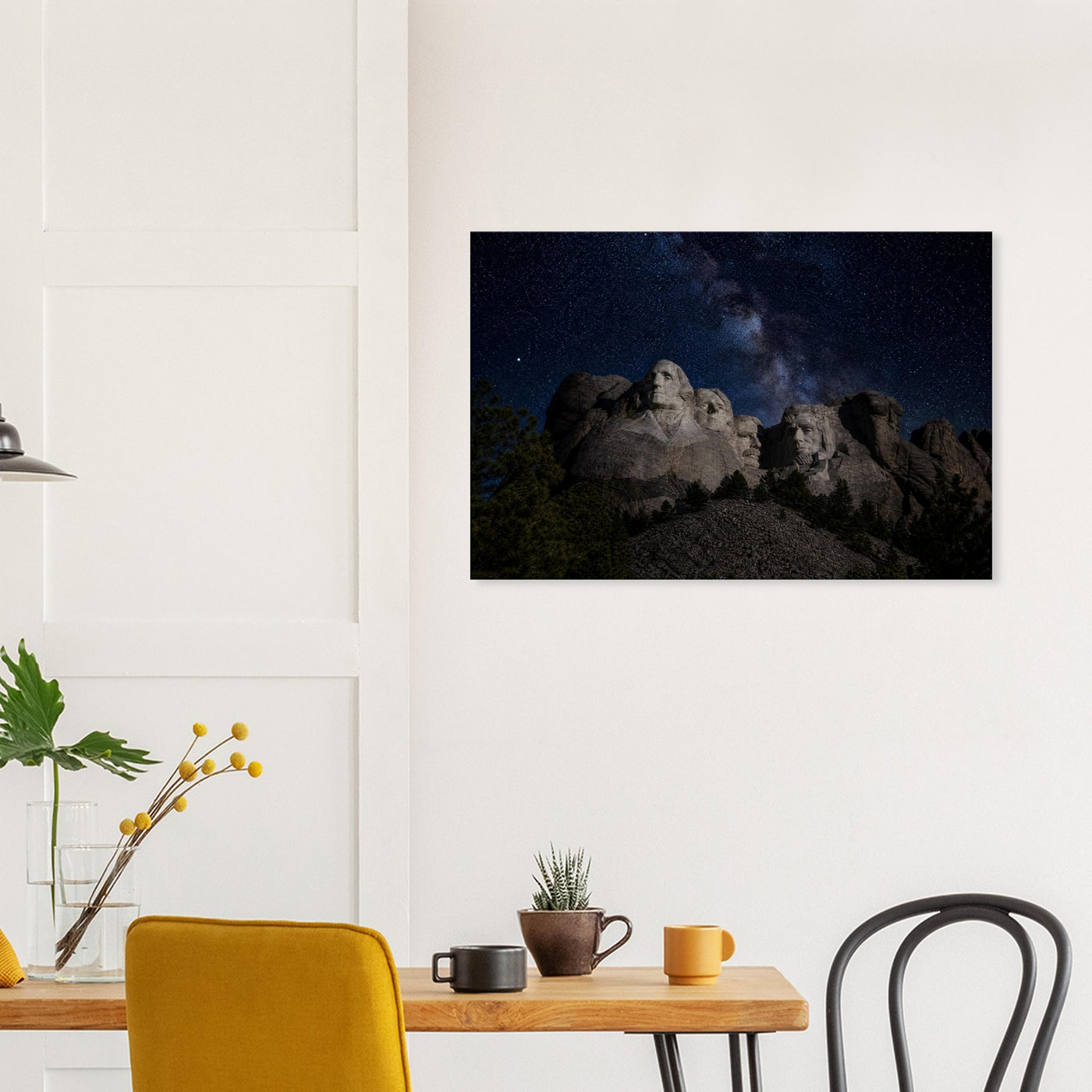 Canvas print of Mount Rushmore under the Milky Way — room view, ready to hang.