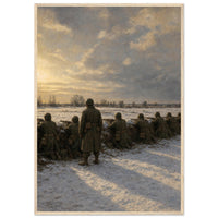 Holding the Line, 1944 — framed fine art print of infantry dug in along a snowy field, 12x18″ in a natural wood frame