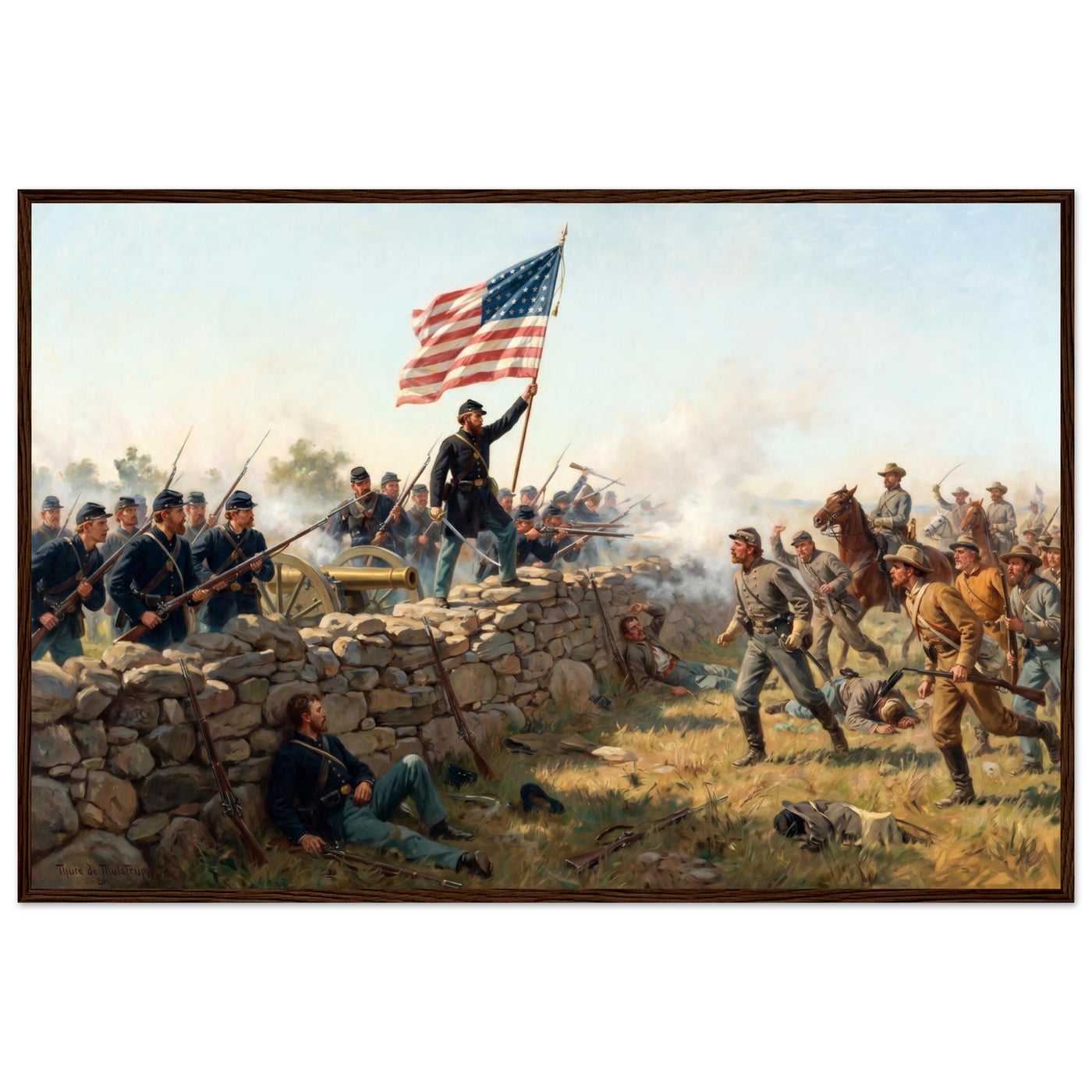 Framed art print of a Union soldier raising the Stars and Stripes amid the smoke of battle, in a solid wood frame.