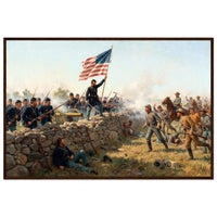 Framed art print of a Union soldier raising the Stars and Stripes amid the smoke of battle, in a solid wood frame.