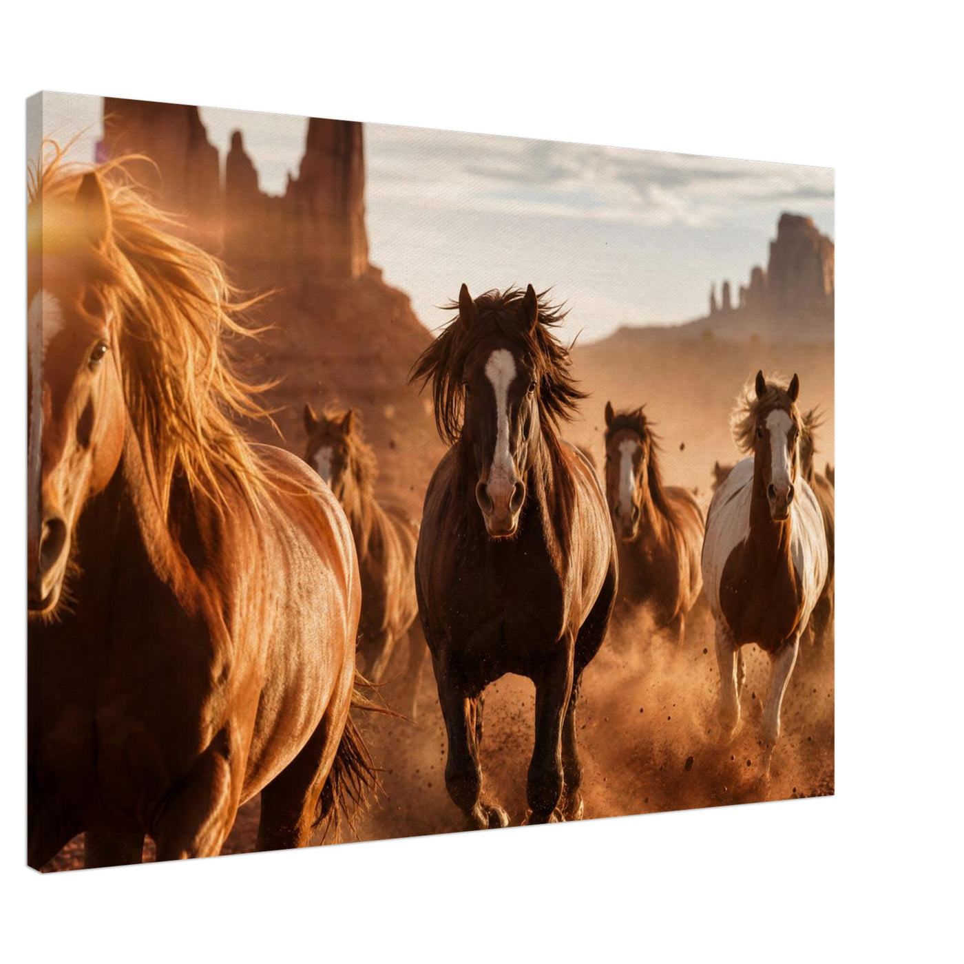 Canvas print of a wild mustang herd galloping — room view, ready to hang.