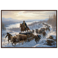 Framed art print of Civil War soldiers and wagons marching through deep snow, in a solid wood frame.