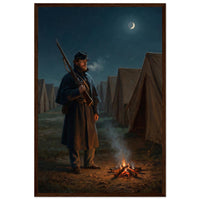 Framed print of a Union sentinel keeping watch by a campfire at night, ready to hang.