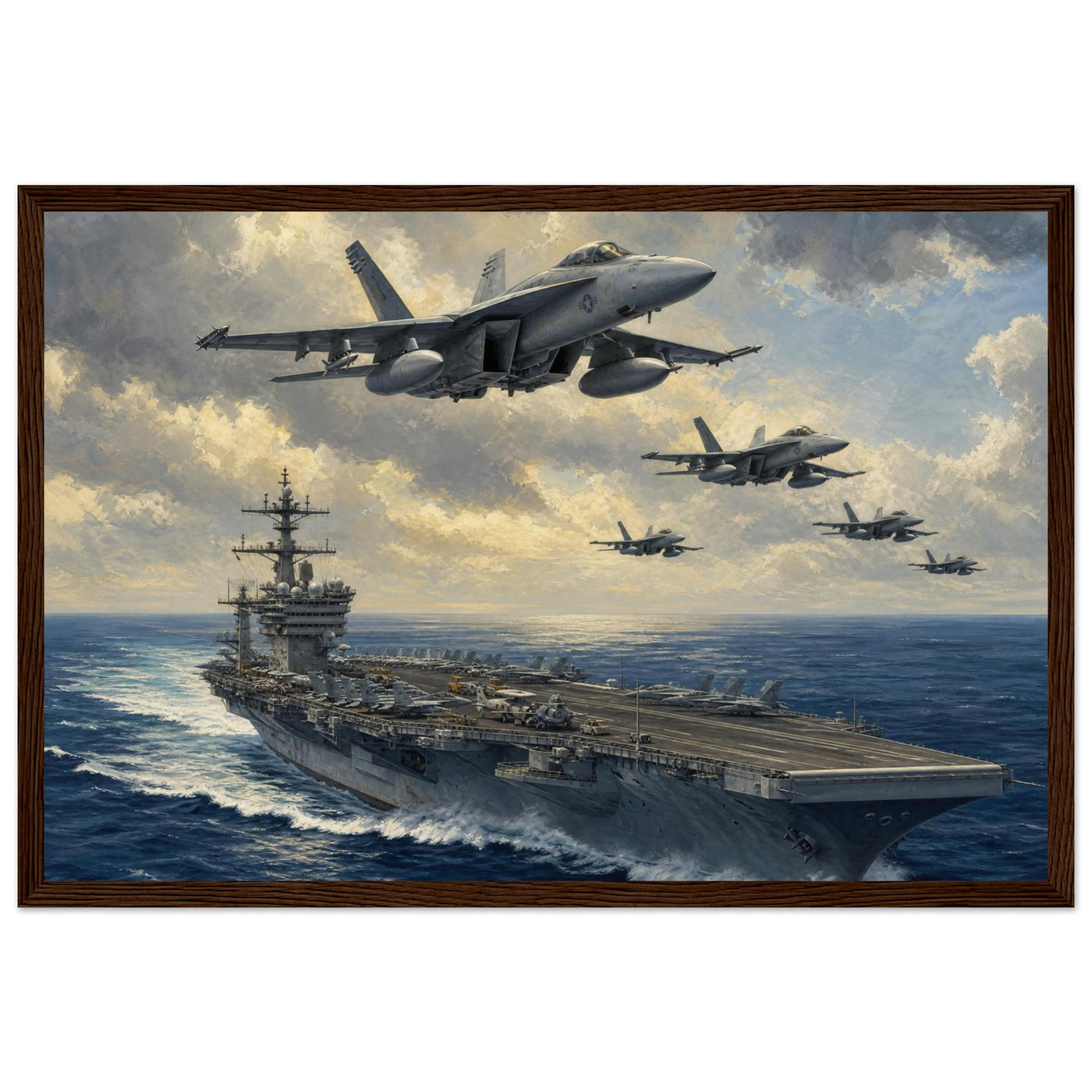 Wooden framed print of a U.S. Navy supercarrier — room view, ready to hang.