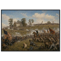 Framed panoramic art print of Confederate troops advancing across the open field during Pickett's Charge at Gettysburg, in a solid wood frame.