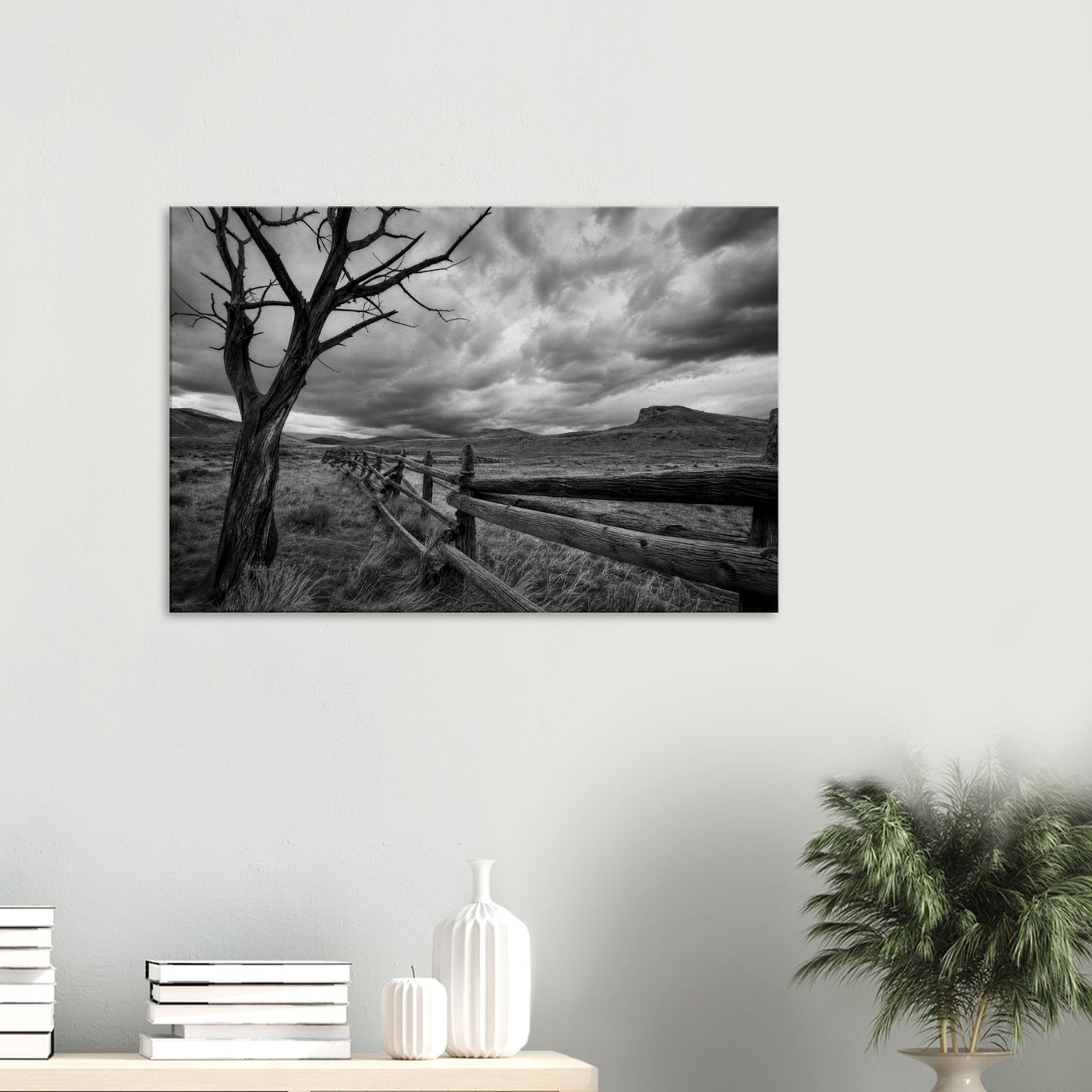 Canvas print of a lone tree and rustic fence — room view, ready to hang.