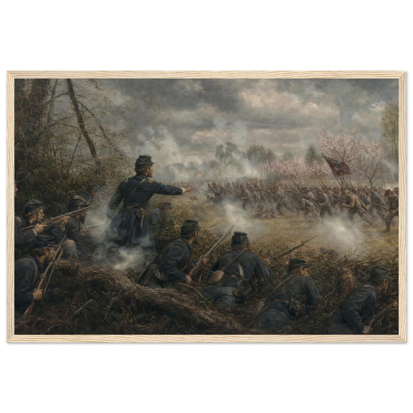 Framed art print of Union soldiers firing from a skirmish line amid drifting gun smoke, in a solid wood frame.