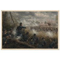 Framed art print of Union soldiers firing from a skirmish line amid drifting gun smoke, in a solid wood frame.