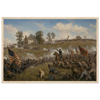Framed panoramic art print of Confederate troops advancing across the open field during Pickett's Charge at Gettysburg, in a solid wood frame.
