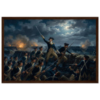 Framed print of the night storming of the redoubt at Yorktown, ready to hang.