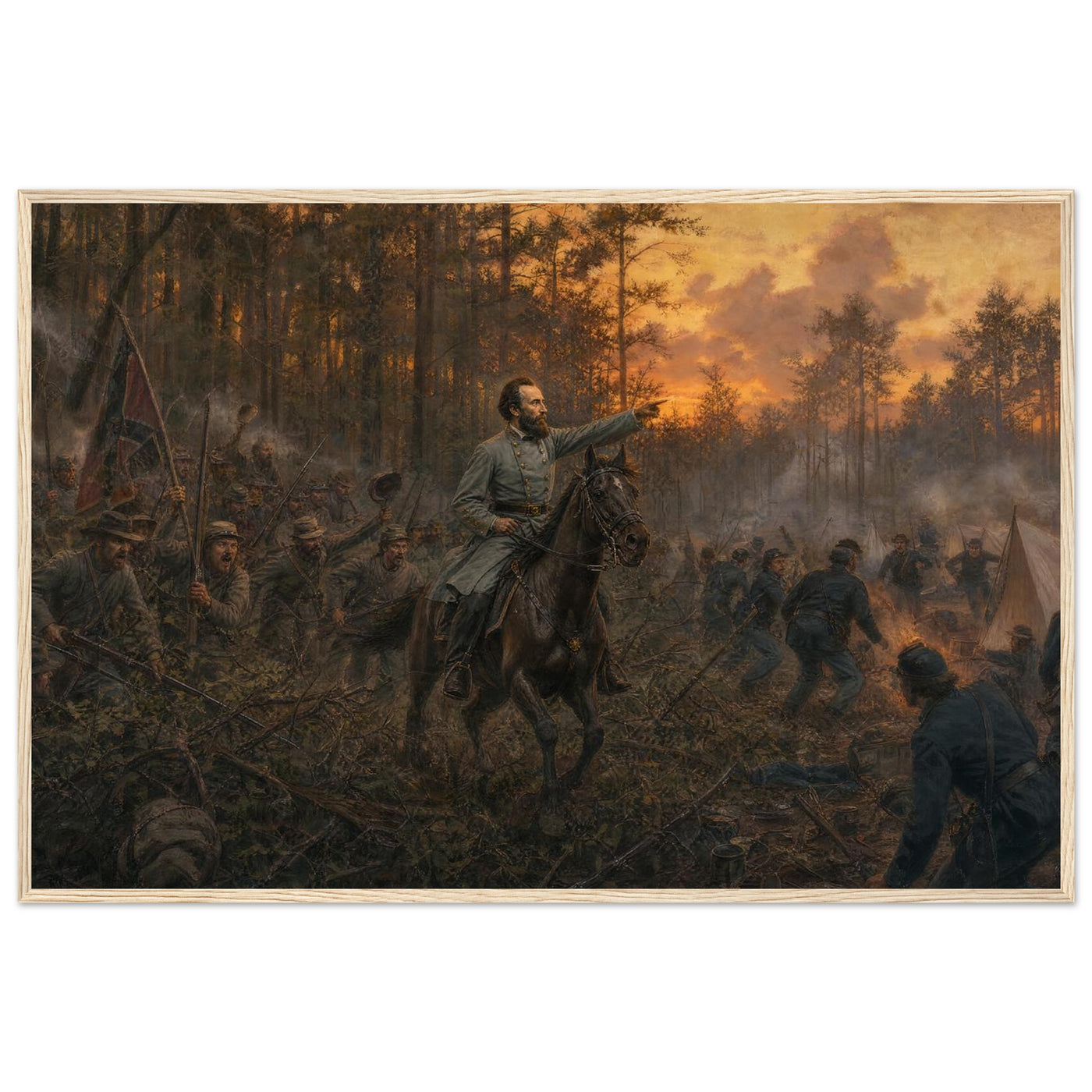 Framed art print of a mounted Civil War officer leading a charge through darkening woods at twilight, in a solid wood frame.