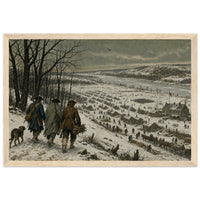Winter at Valley Forge — framed fine art print of three soldiers and a dog on a snowy ridge looking down on the log huts of Valley Forge, in a natural wood frame
