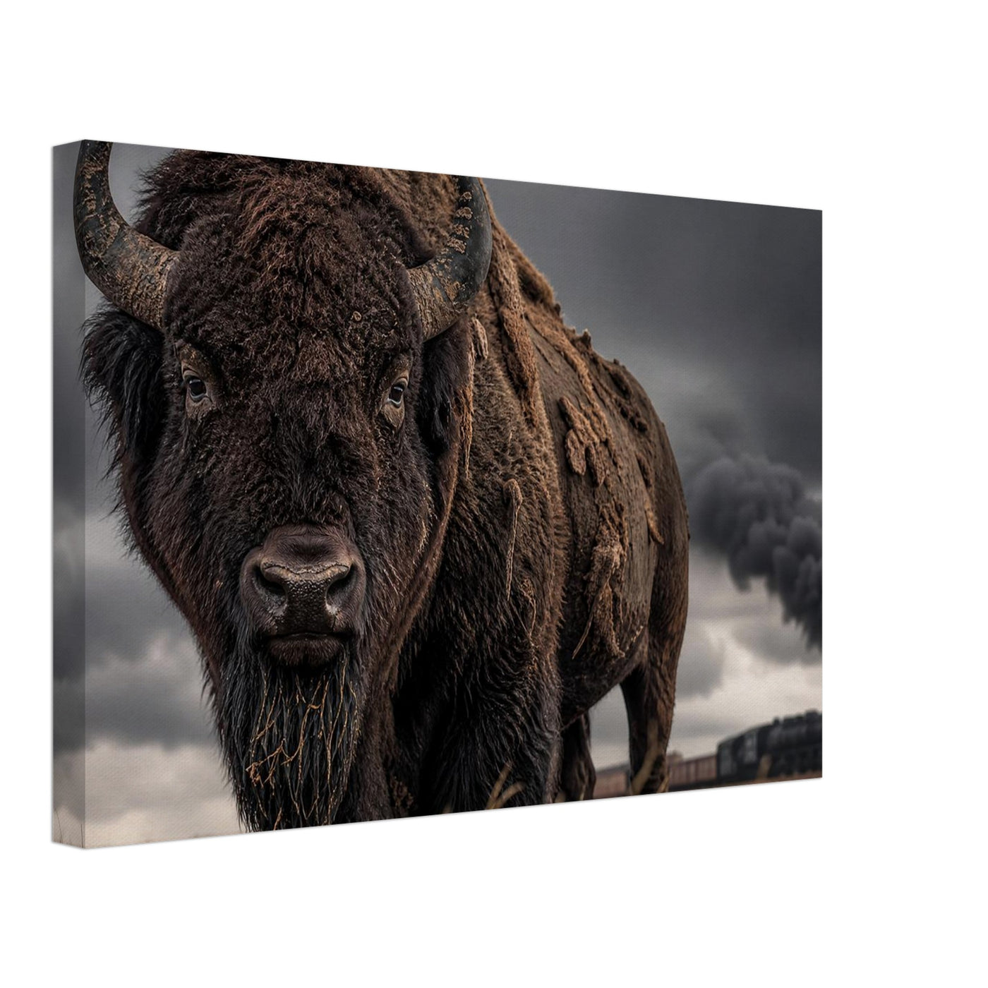 Canvas print of a bison and a train on the plains — room view, ready to hang.