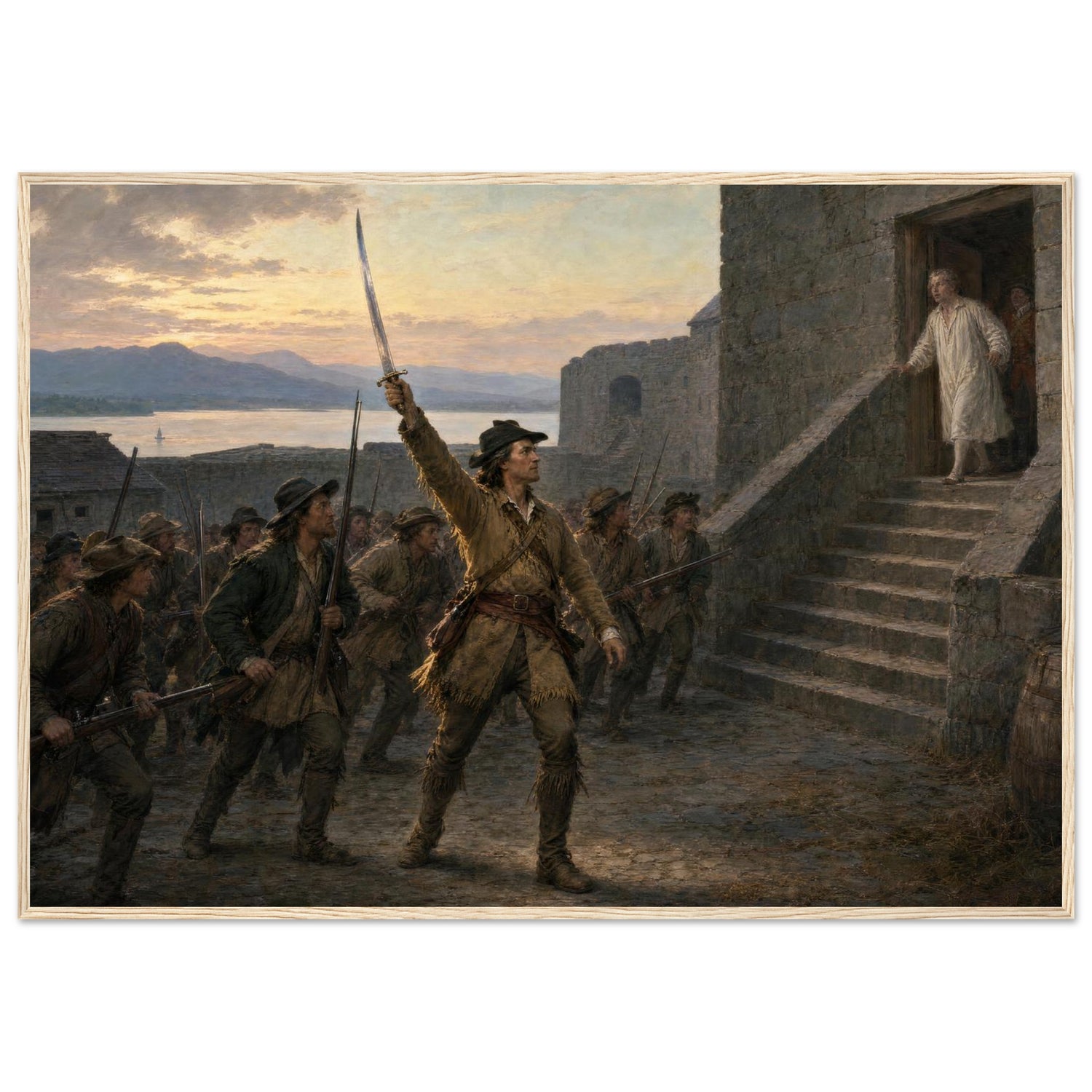 Framed art print of Union soldiers ascending the stone steps of a fort with the flag at dawn, in a solid wood frame.