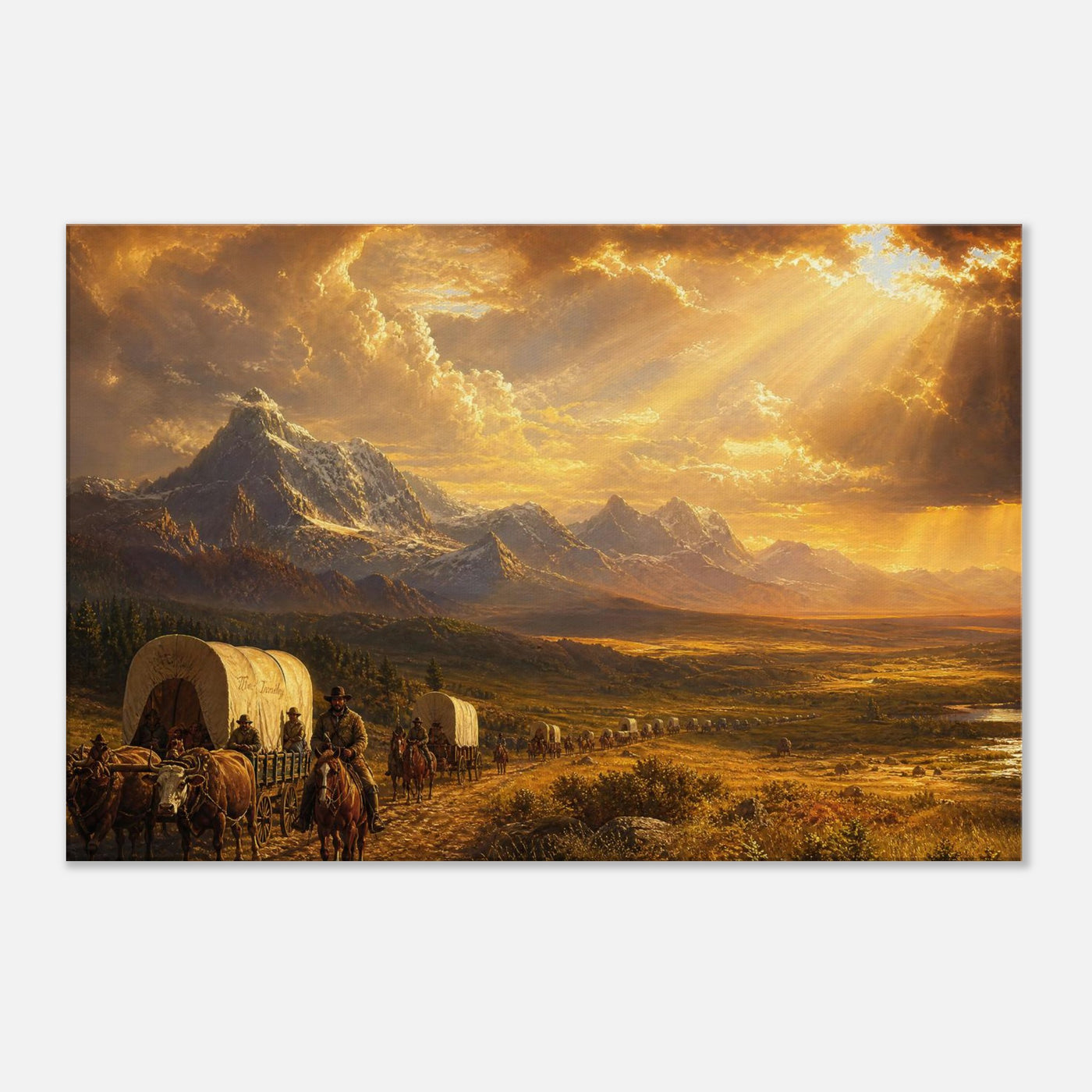 Canvas print of a pioneer wagon at golden hour — room view, ready to hang.