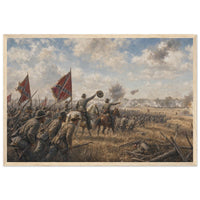 Framed art print of Civil War troops charging across a battlefield beneath a golden dusk sky, in a solid wood frame.