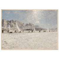 The Airfield at Peleliu — framed fine art print of Marines running across a coral airfield, 12x18″ in a natural wood frame
