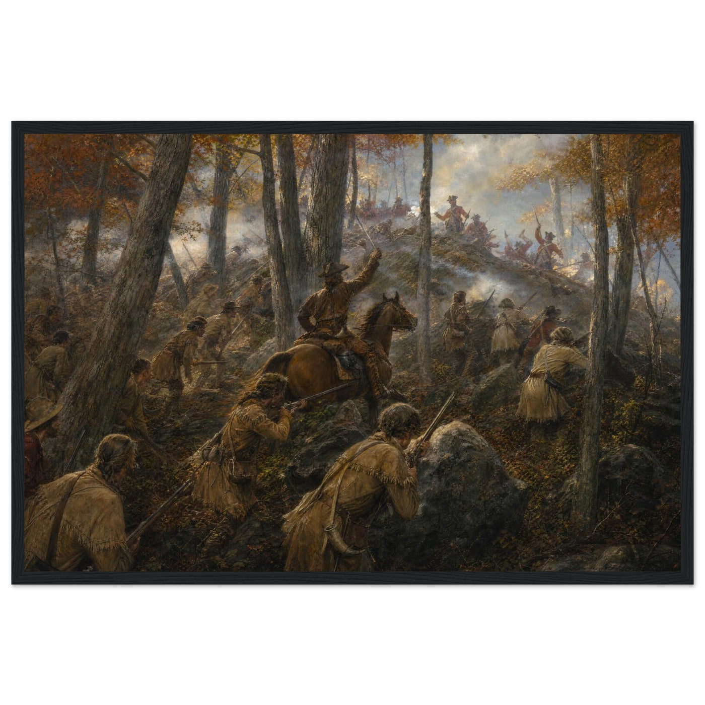 Framed print of a Revolutionary ambush in the northern woods, ready to hang.