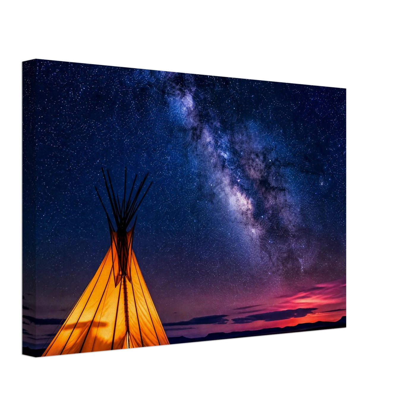 Canvas print of a teepee beneath a starlit sky — room view, ready to hang.