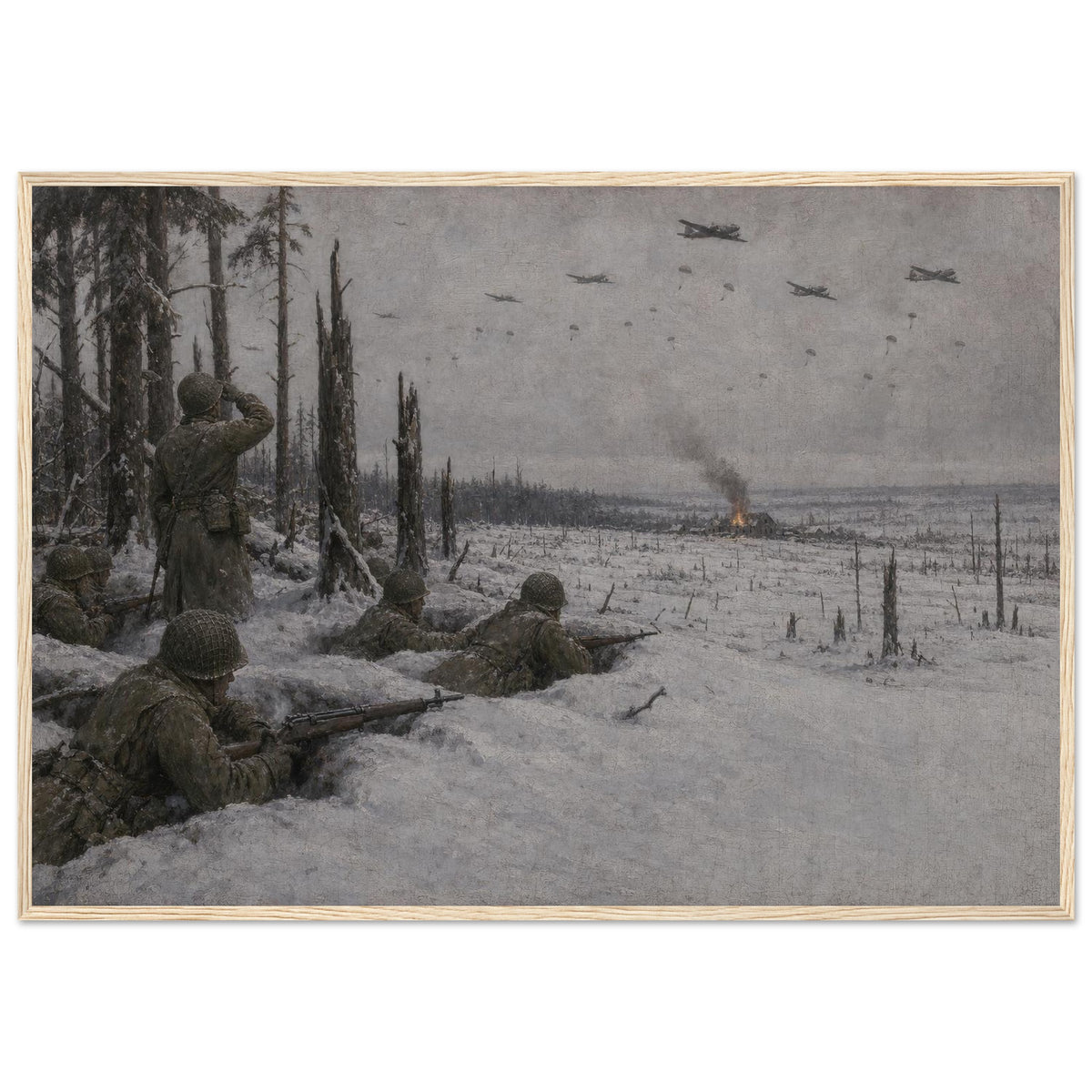 The Bastogne Perimeter — framed fine art print of soldiers in snow watching a supply drop, 12x18″ in a natural wood frame
