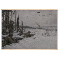 The Bastogne Perimeter — framed fine art print of soldiers in snow watching a supply drop, 12x18″ in a natural wood frame