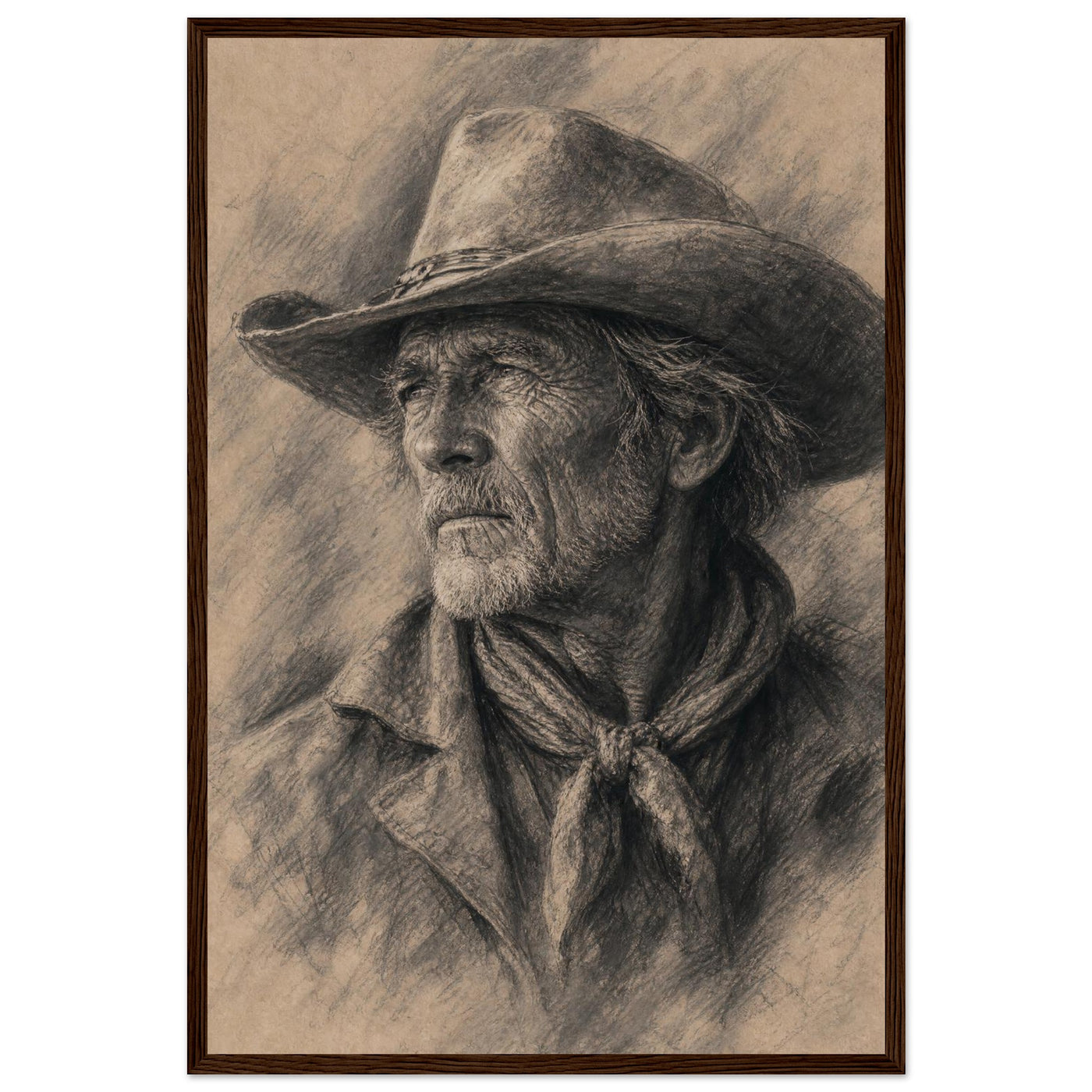 Framed black-and-white charcoal portrait of a weathered old cowhand, in a solid wood frame.