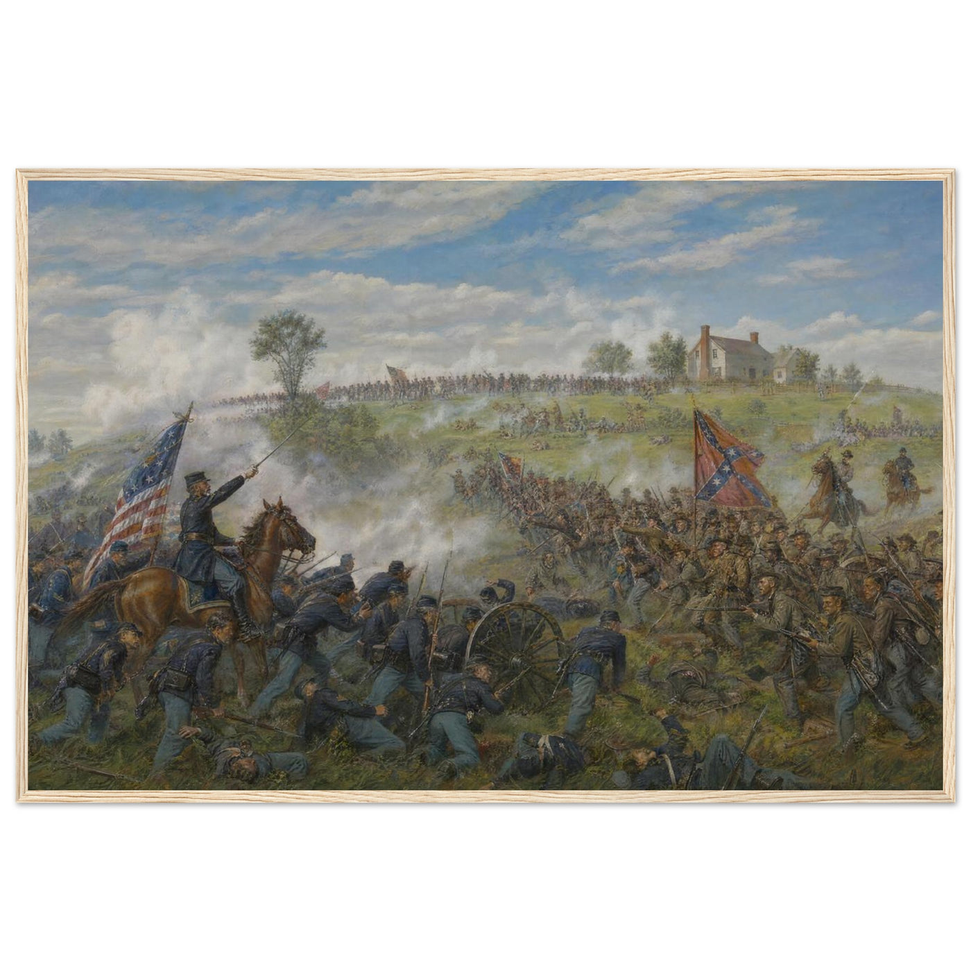 Framed panoramic art print of the smoke-filled Confederate assault during Pickett's Charge at Gettysburg, in a solid wood frame.